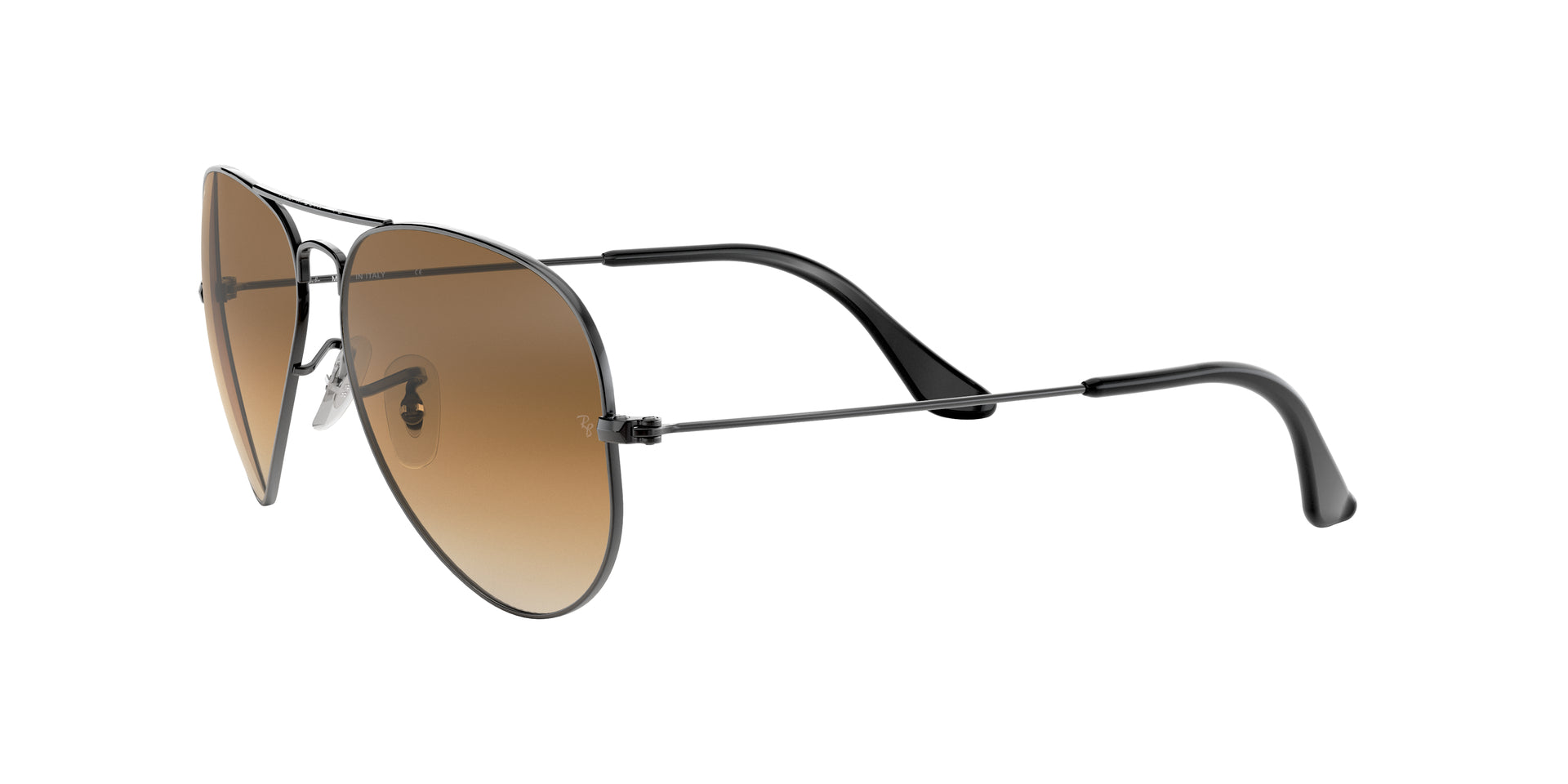 Ray-Ban Aviator Gradient RB3025 004/51 aviator sunglasses for unisex in full rim metal, with gunmetal frame, and light brown gradient lenses. 62mm in lens size, 14mm in bridge size, and 140mm in temple length.