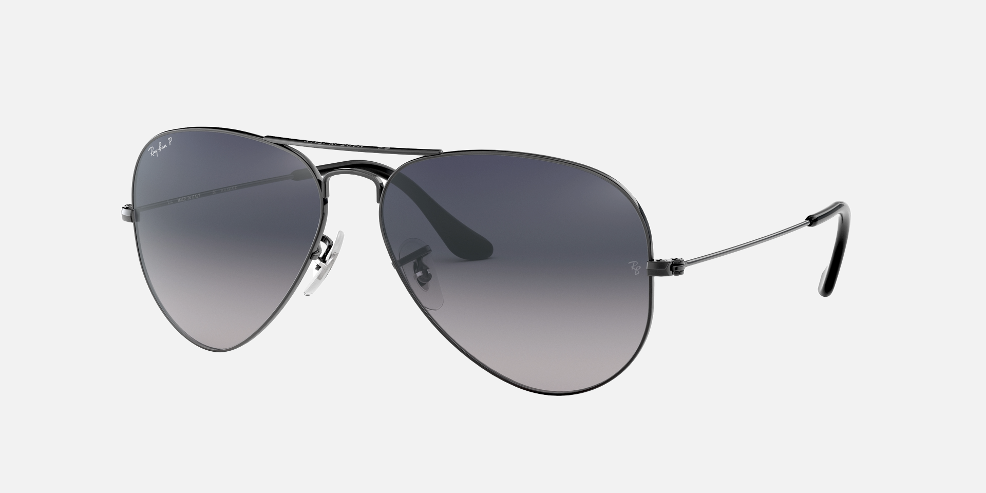Ray-Ban Aviator Gradient RB3025 004/78 aviator gradient sunglasses for unisex in full rim metal, with gunmetal frame, and blue/grey lenses. 55mm in lens size, 14mm in bridge size, and 140mm in temple length.