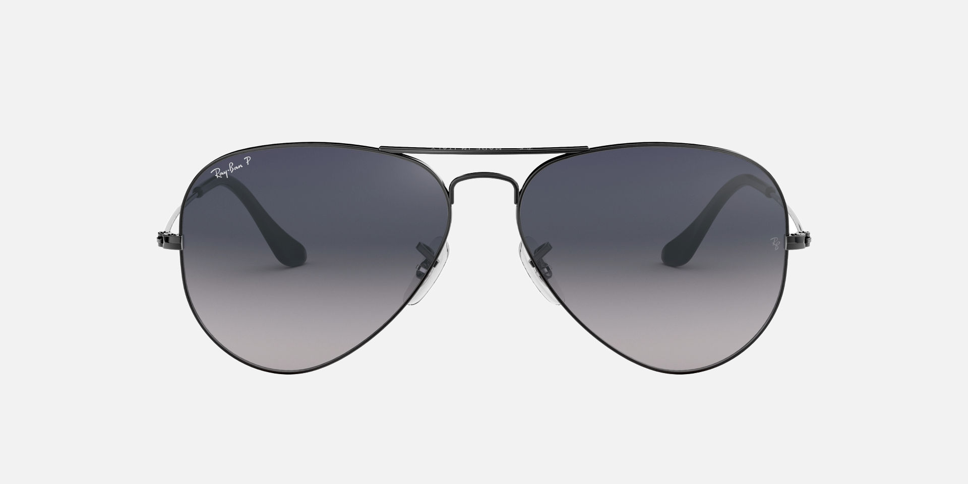 Ray-Ban Aviator Gradient RB3025 004/78 aviator sunglasses for unisex in full rim metal, with gunmetal frame, and blue/grey lenses. 62mm in lens size, 14mm in bridge size, and 140mm in temple length.