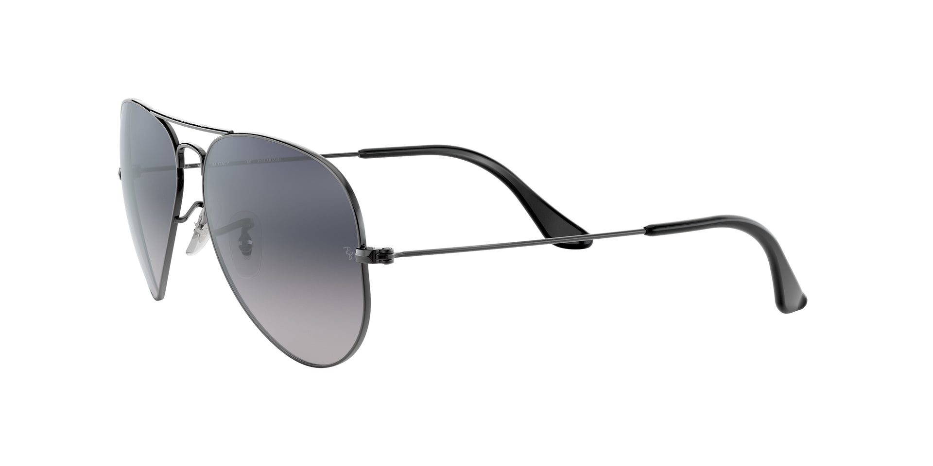 Ray-Ban Aviator Gradient RB3025 004/78 aviator sunglasses for unisex in full rim metal, with gunmetal frame, and blue/grey lenses. 62mm in lens size, 14mm in bridge size, and 140mm in temple length.