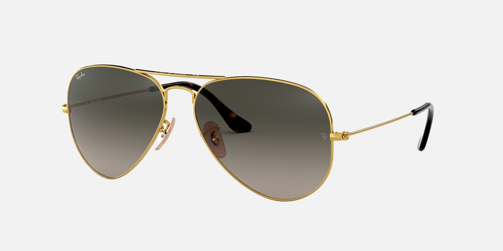 Ray-Ban Aviator Havana Collection RB3025 181/71 aviator sunglasses for unisex in full rim metal, with gold frame, and grey gradient lenses. 58mm in lens size, 14mm in bridge size, and 145mm in temple length.