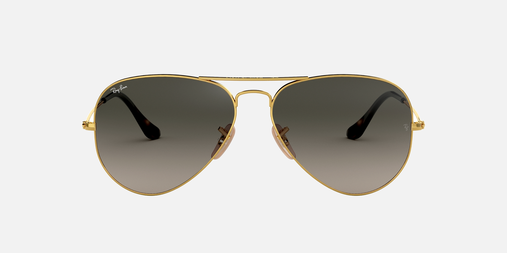 Ray-Ban Aviator Havana Collection RB3025 181/71 aviator sunglasses for unisex in full rim metal, with gold frame, and grey gradient lenses. 58mm in lens size, 14mm in bridge size, and 145mm in temple length.