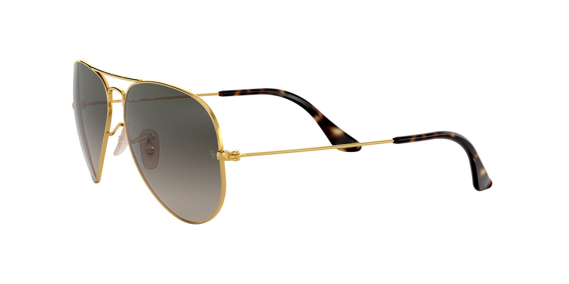 Ray-Ban Aviator Havana Collection RB3025 181/71 aviator sunglasses for unisex in full rim metal, with gold frame, and grey gradient lenses. 58mm in lens size, 14mm in bridge size, and 145mm in temple length.