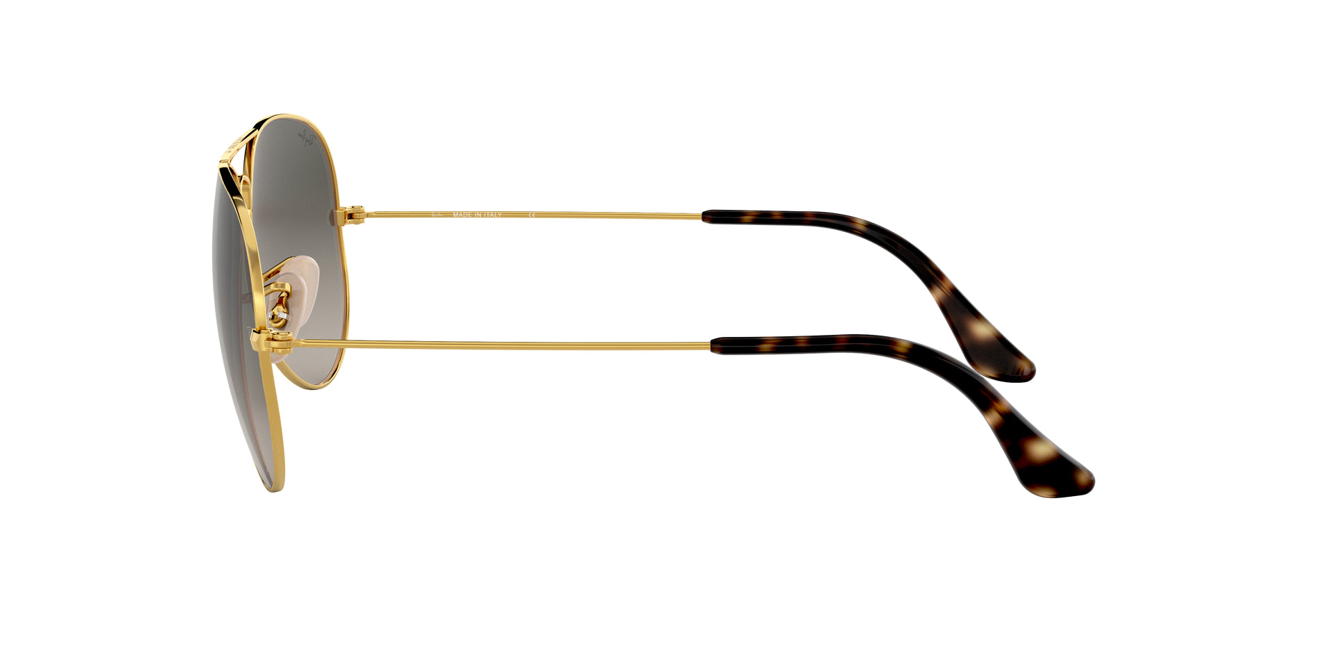 Ray-Ban Aviator Havana Collection RB3025 181/71 aviator sunglasses for unisex in full rim metal, with gold frame, and grey gradient lenses. 58mm in lens size, 14mm in bridge size, and 145mm in temple length.