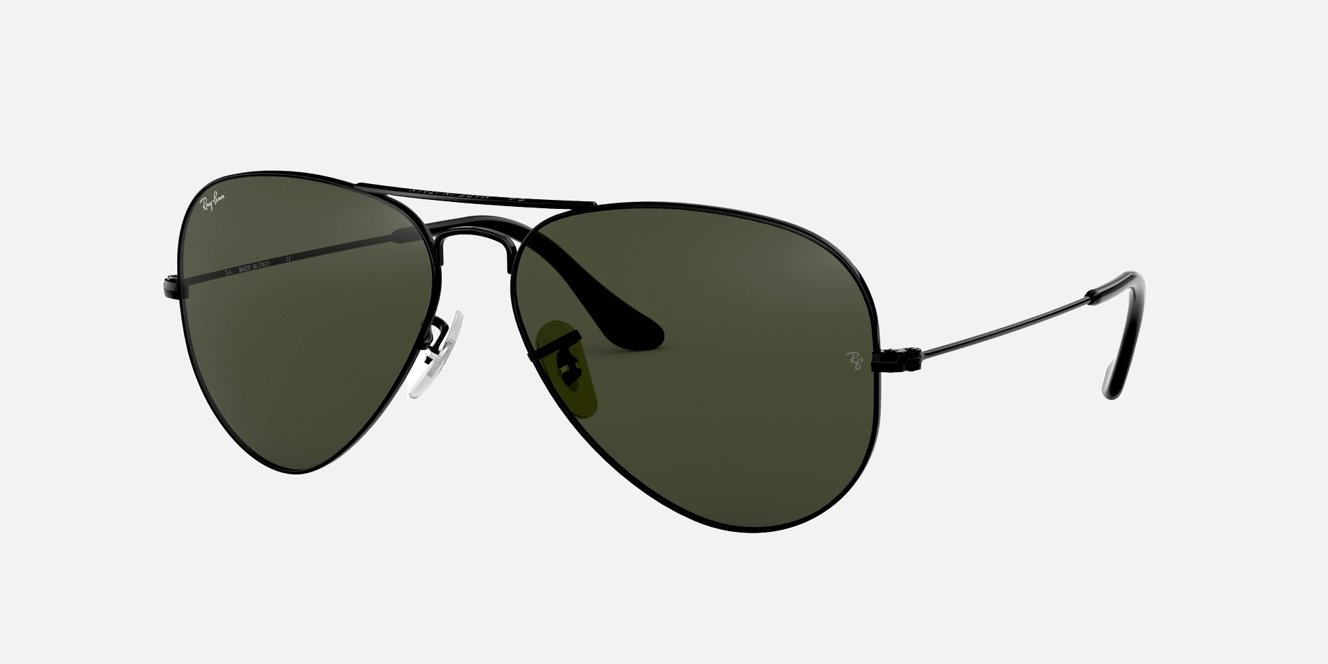 Ray-Ban Aviator Classic RB3025 L2823 aviator sunglasses for unisex in full rim metal, with black frame, and green lenses. 58mm in lens size, 14mm in bridge size, and 135mm in temple length.