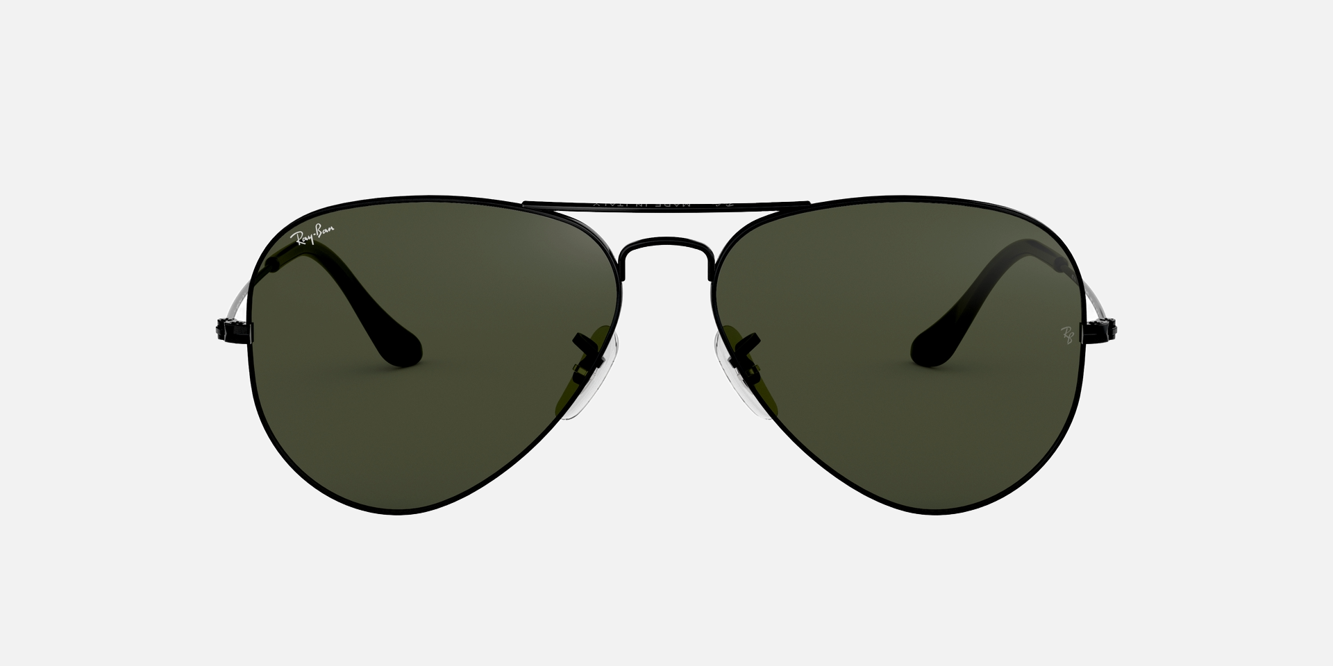 Ray-Ban Aviator Classic RB3025 L2823 aviator sunglasses for unisex in full rim metal, with black frame, and green lenses. 58mm in lens size, 14mm in bridge size, and 135mm in temple length.