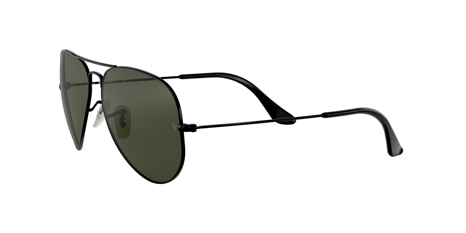 Ray-Ban Aviator Classic RB3025 L2823 aviator sunglasses for unisex in full rim metal, with black frame, and green lenses. 58mm in lens size, 14mm in bridge size, and 135mm in temple length.