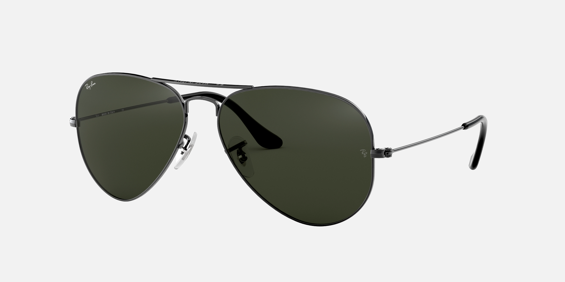 Ray-Ban Aviator Classic RB3025 W0879 aviator sunglasses for unisex in full rim metal, with gunmetal frame, and green lenses. 58mm in lens size, 14mm in bridge size, and 135mm in temple length.