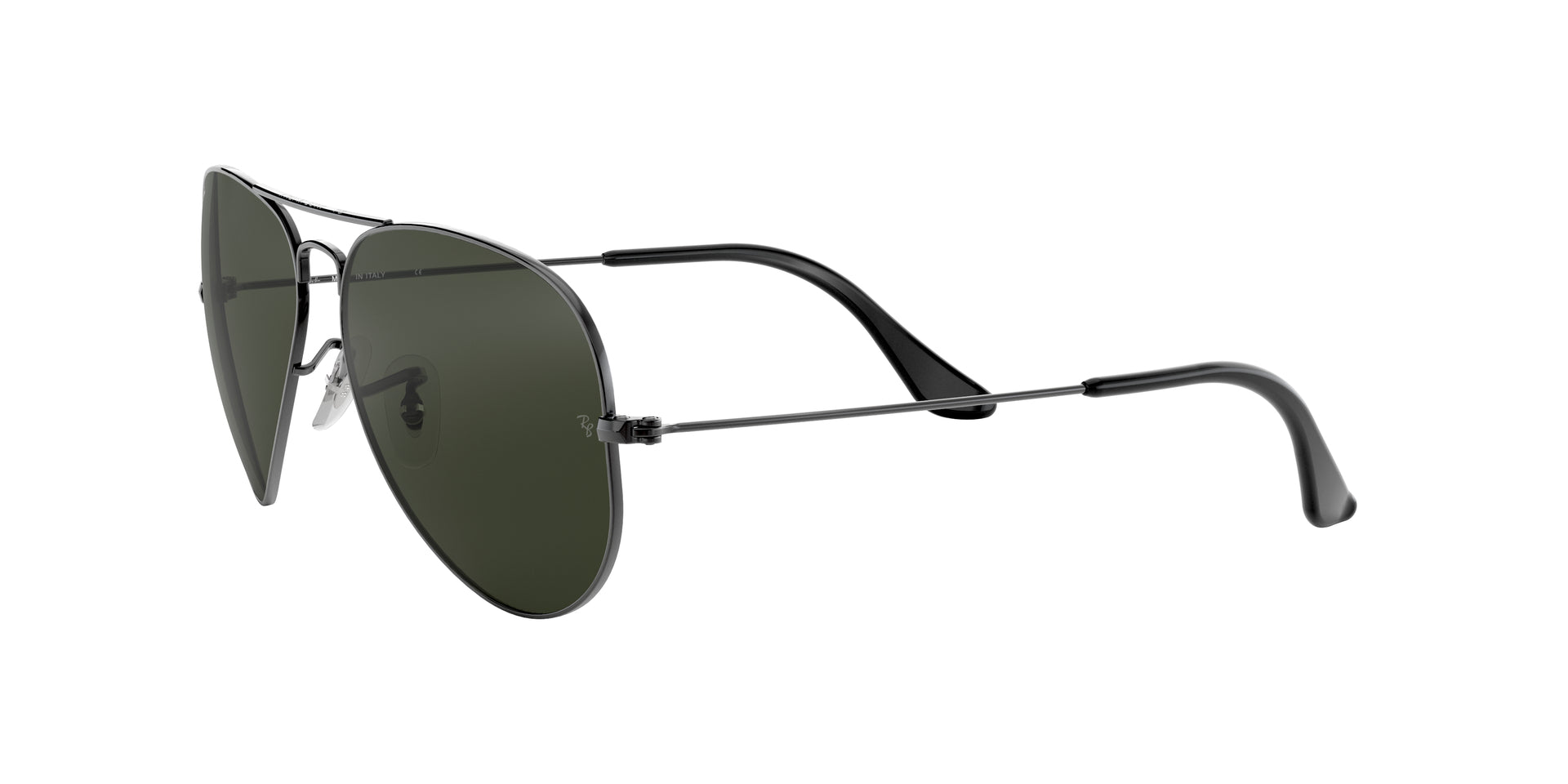 Ray-Ban Aviator Classic RB3025 W0879 aviator sunglasses for unisex in full rim metal, with gunmetal frame, and green lenses. 58mm in lens size, 14mm in bridge size, and 135mm in temple length.