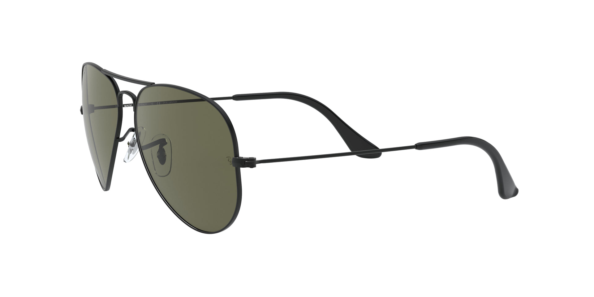 Ray-Ban Aviator Classic RB3025 W3361 aviator sunglasses for unisex in full rim metal, with matte black frame, and g-15 green lenses. 58mm in lens size, 14mm in bridge size, and 135mm in temple length.