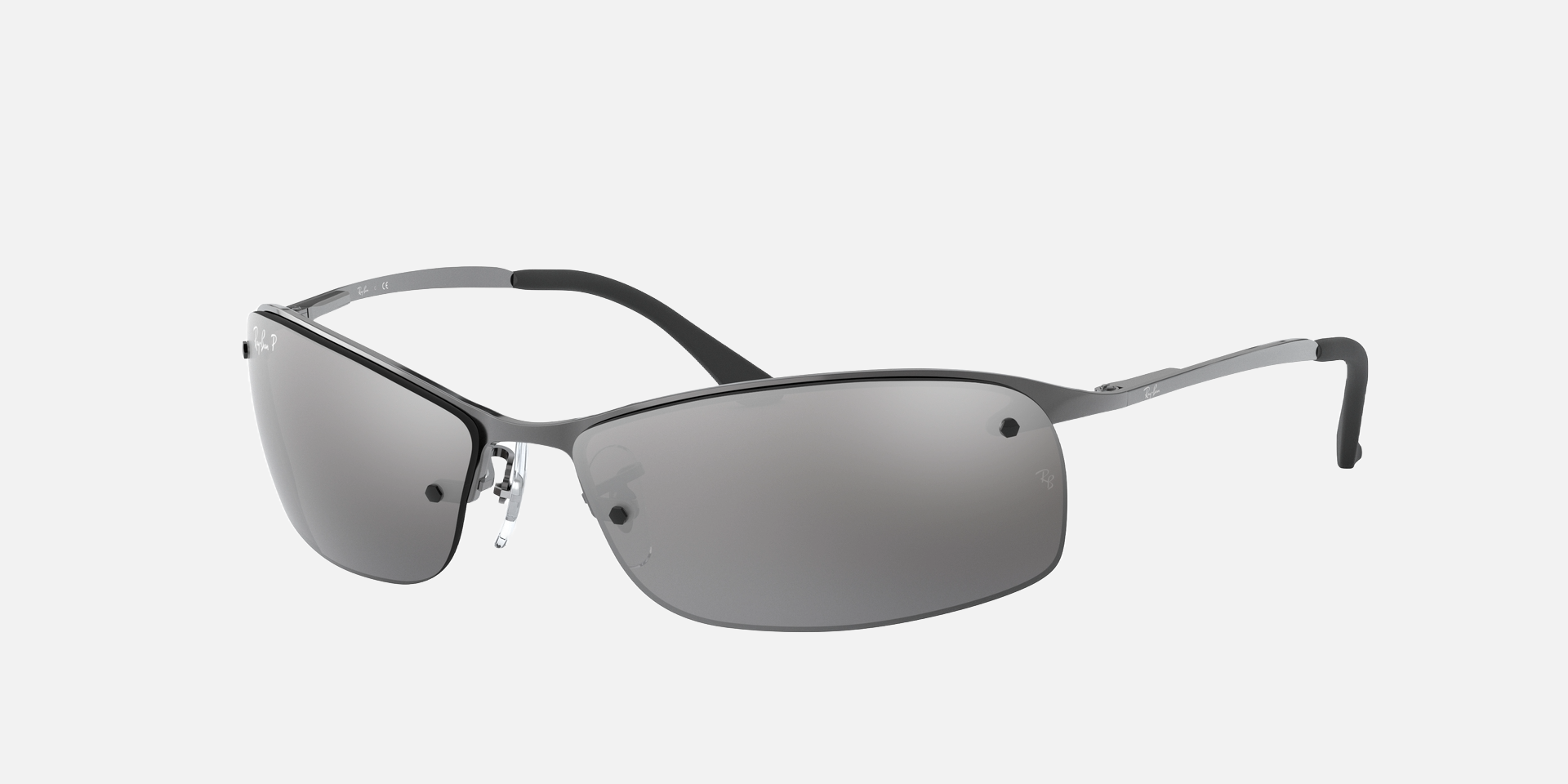 Ray-Ban RB3183 004/82 rectangular sunglasses for men in semi-rimless metal, with gunmetal frame, and silver mirror lenses. 63mm in lens size, 15mm in bridge size, and 125mm in temple length.