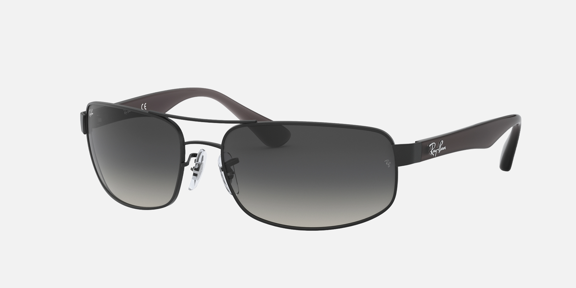 Ray-Ban RB3445 006/11 rectangular sunglasses for men in full rim metal, with matte black frame, and grey gradient lenses. 61mm in lens size, 17mm in bridge size, and 130mm in temple length.