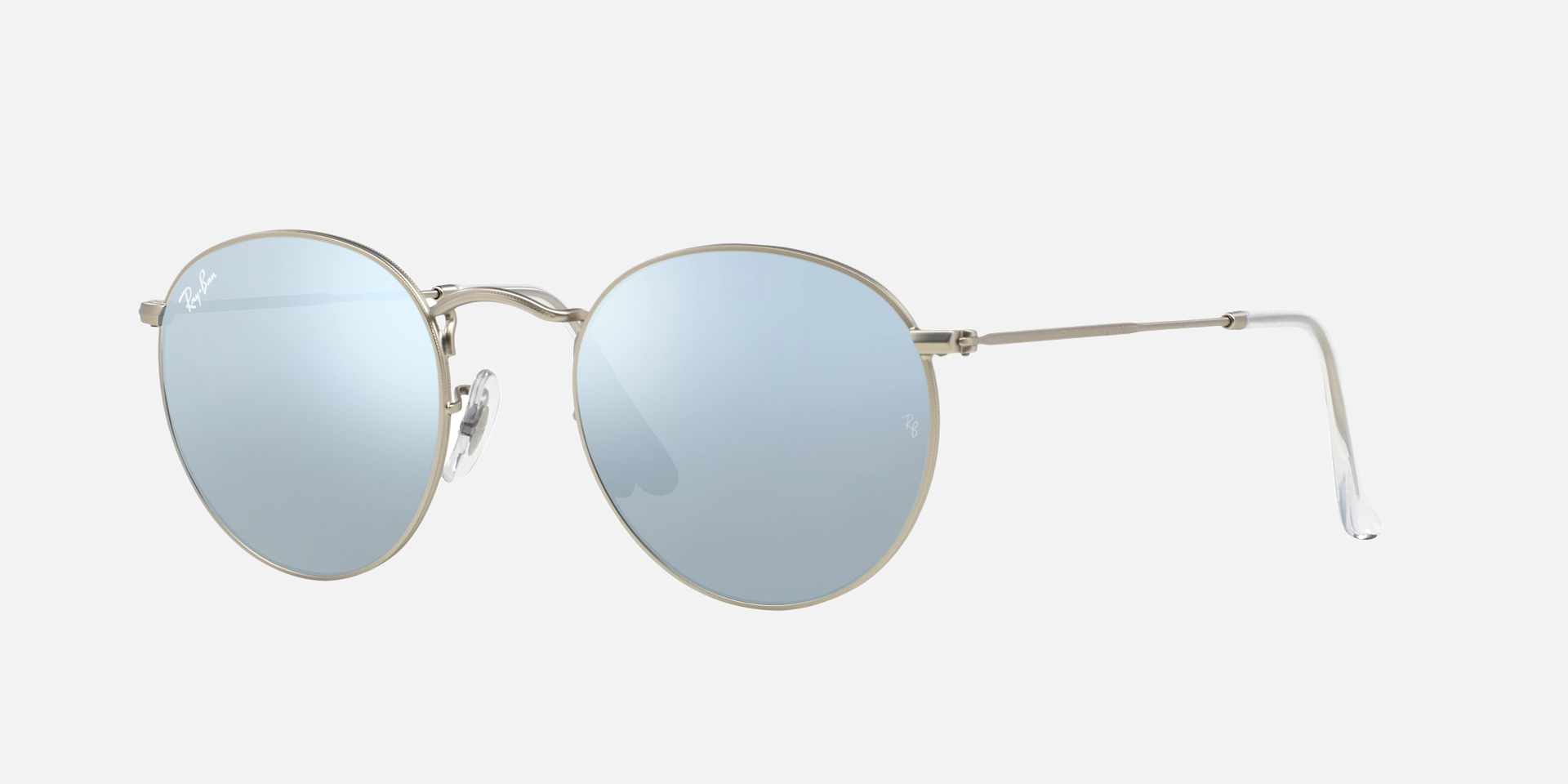 Ray-Ban Round Flash Lenses RB3447 RB3447 019/30 round sunglasses for unisex in full rim metal, with matte silver frame, and silver flash lenses. 50mm in lens size, 21mm in bridge size, and 145mm in temple length.