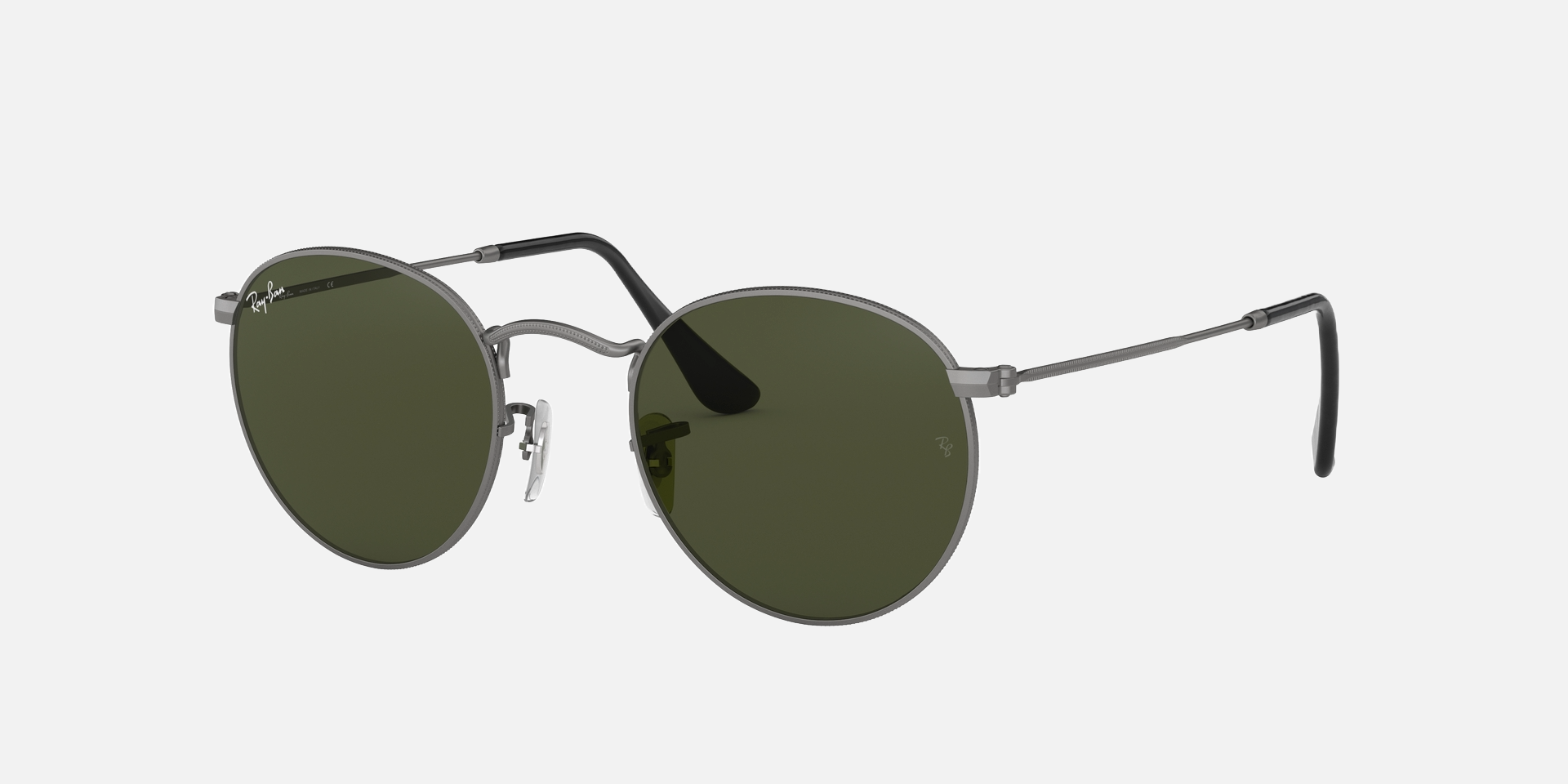 Ray-Ban Round Metal RB3447 RB3447 29 round sunglasses for unisex in full rim metal, with matte gunmetal frame, and green lenses. 50mm in lens size, 21mm in bridge size, and 145mm in temple length.