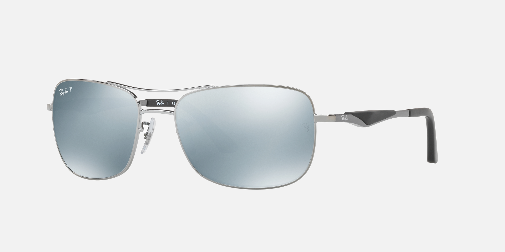 Ray-Ban RB3515 004/Y4 square sunglasses for unisex in full rim metal, with gunmetal frame, and silver lenses. 61mm in lens size, 17mm in bridge size, and 145mm in temple length.