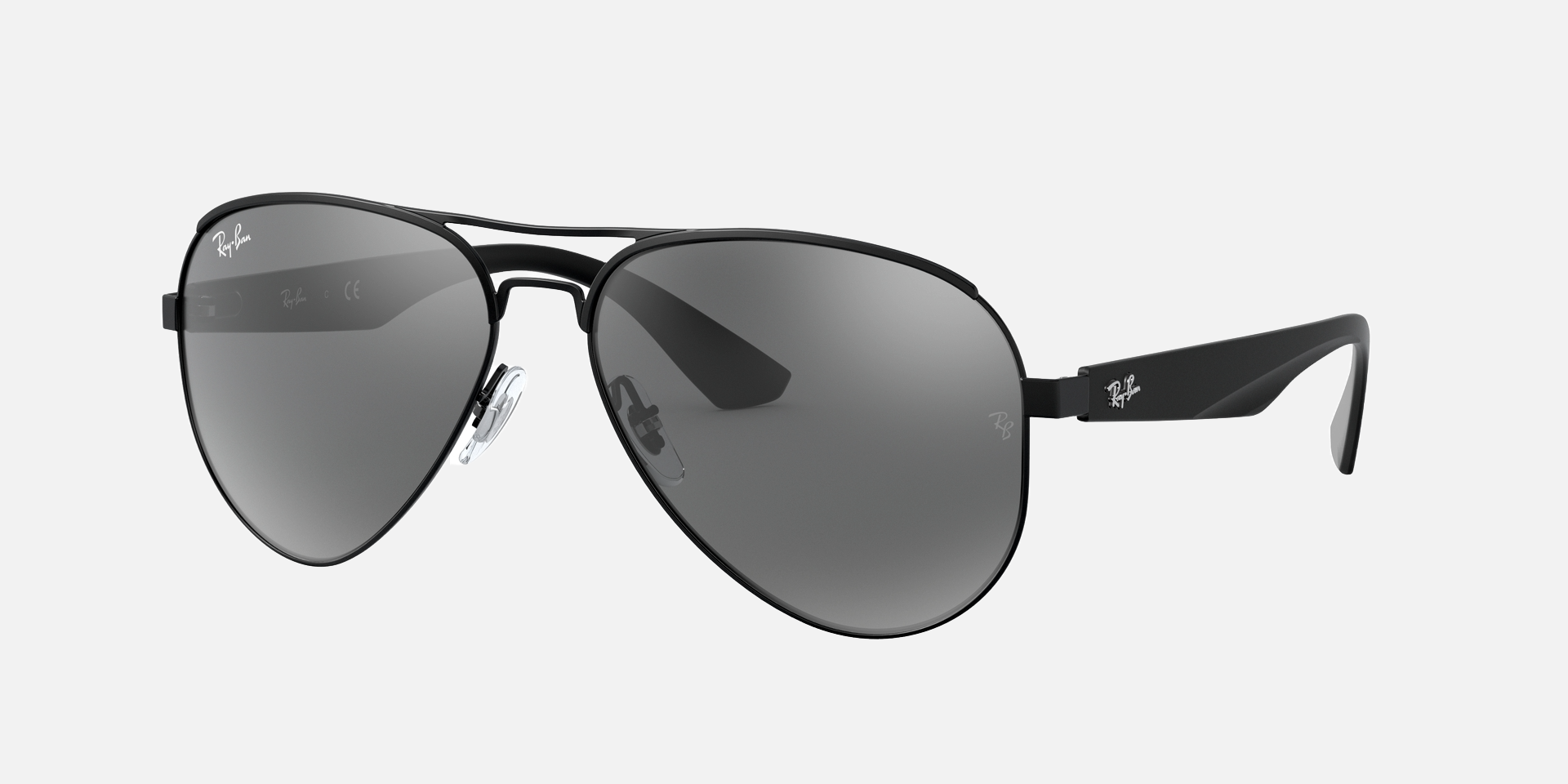 Ray-Ban RB3523 006/6G pilot sunglasses for unisex in full rim metal, with matte black frame, and grey mirror silver lenses. 59mm in lens size, 17mm in bridge size, and 140mm in temple length.