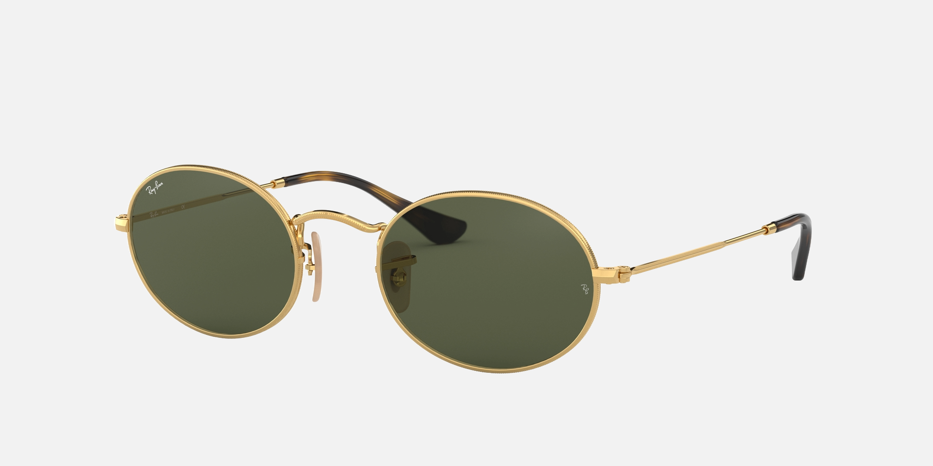 Ray-Ban Oval Flat Lenses RB3547N 001 oval sunglasses for unisex in full rim metal, with gold frame, and green lenses. 48mm in lens size, 21mm in bridge size, and 145mm in temple length.