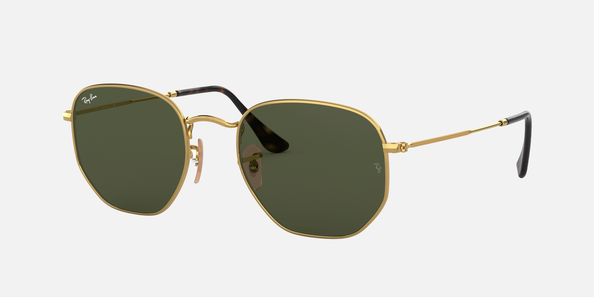 Ray-Ban Hexagonal Flat Lenses RB3548N 001 hexagonal sunglasses for unisex in full rim metal, with gold frame, and green lenses. 48mm in lens size, 21mm in bridge size, and 145mm in temple length.