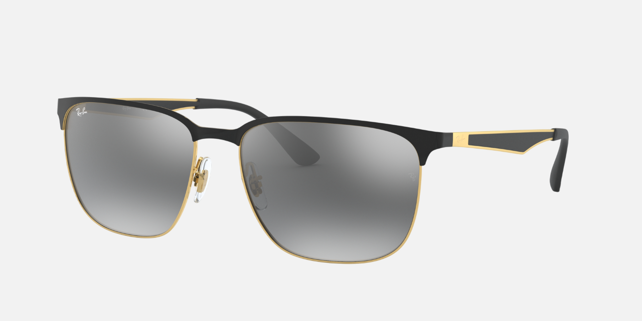 Ray-Ban RB3569 187/88 square sunglasses for unisex in full rim metal, with black on gold frame, and grey gradient mirror lenses. 59mm in lens size, 17mm in bridge size, and 145mm in temple length.