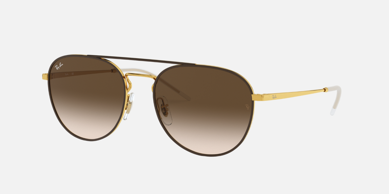 Ray-Ban RB3589 905513 round sunglasses for unisex in full rim metal, with brown on gold frame, and brown gradient dark brown lenses. 55mm in lens size, 18mm in bridge size, and 140mm in temple length.