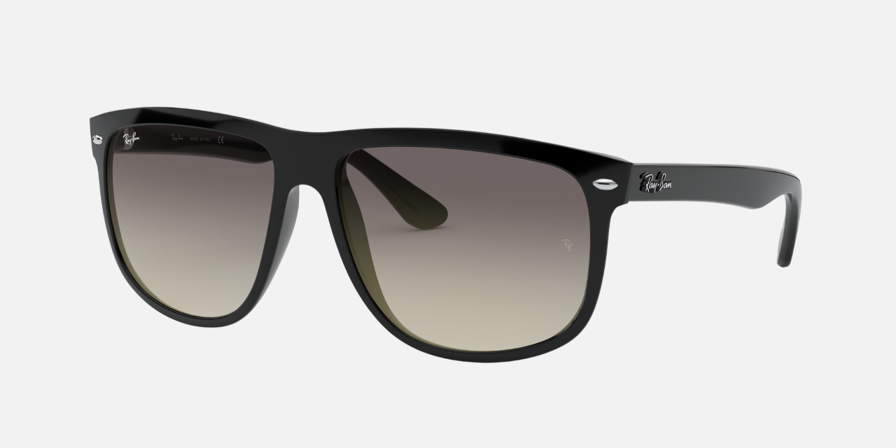 Ray-Ban Boyfriend RB4147 601/32 square sunglasses for men in full rim plastic, with black frame, and grey lenses. 56mm in lens size, 15mm in bridge size, and 145mm in temple length.