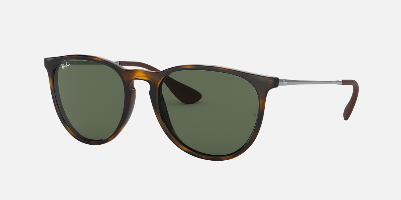 Ray-Ban Erika Classic RB4171 710/71 round sunglasses for women in full rim plastic, with light havana frame, and green lenses. 54mm in lens size, 18mm in bridge size, and 145mm in temple length.