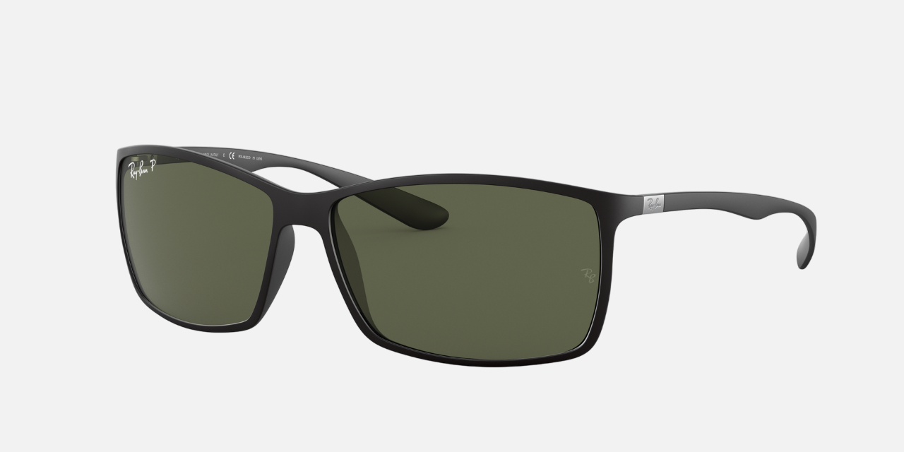 Ray-Ban Liteforce RB4179 601S9A square sunglasses for men in full rim plastic, with matte black frame, and green lenses. 62mm in lens size, 13mm in bridge size, and 140mm in temple length.