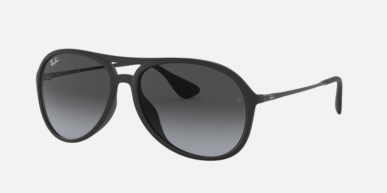 Ray-Ban Alex RB4201 622/8G aviator sunglasses for men in full rim plastic, with matte rubber black frame, and grey gradient lenses. 59mm in lens size, 15mm in bridge size, and 145mm in temple length.