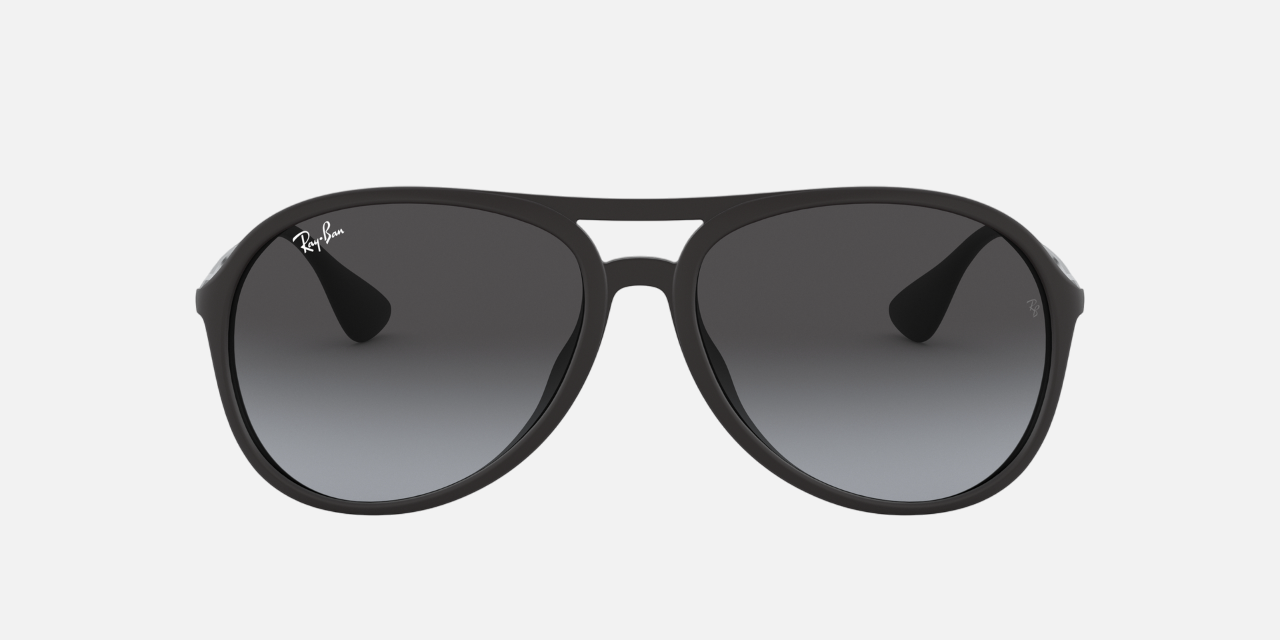 Ray-Ban Alex RB4201 622/8G aviator sunglasses for men in full rim plastic, with matte rubber black frame, and grey gradient lenses. 59mm in lens size, 15mm in bridge size, and 145mm in temple length.