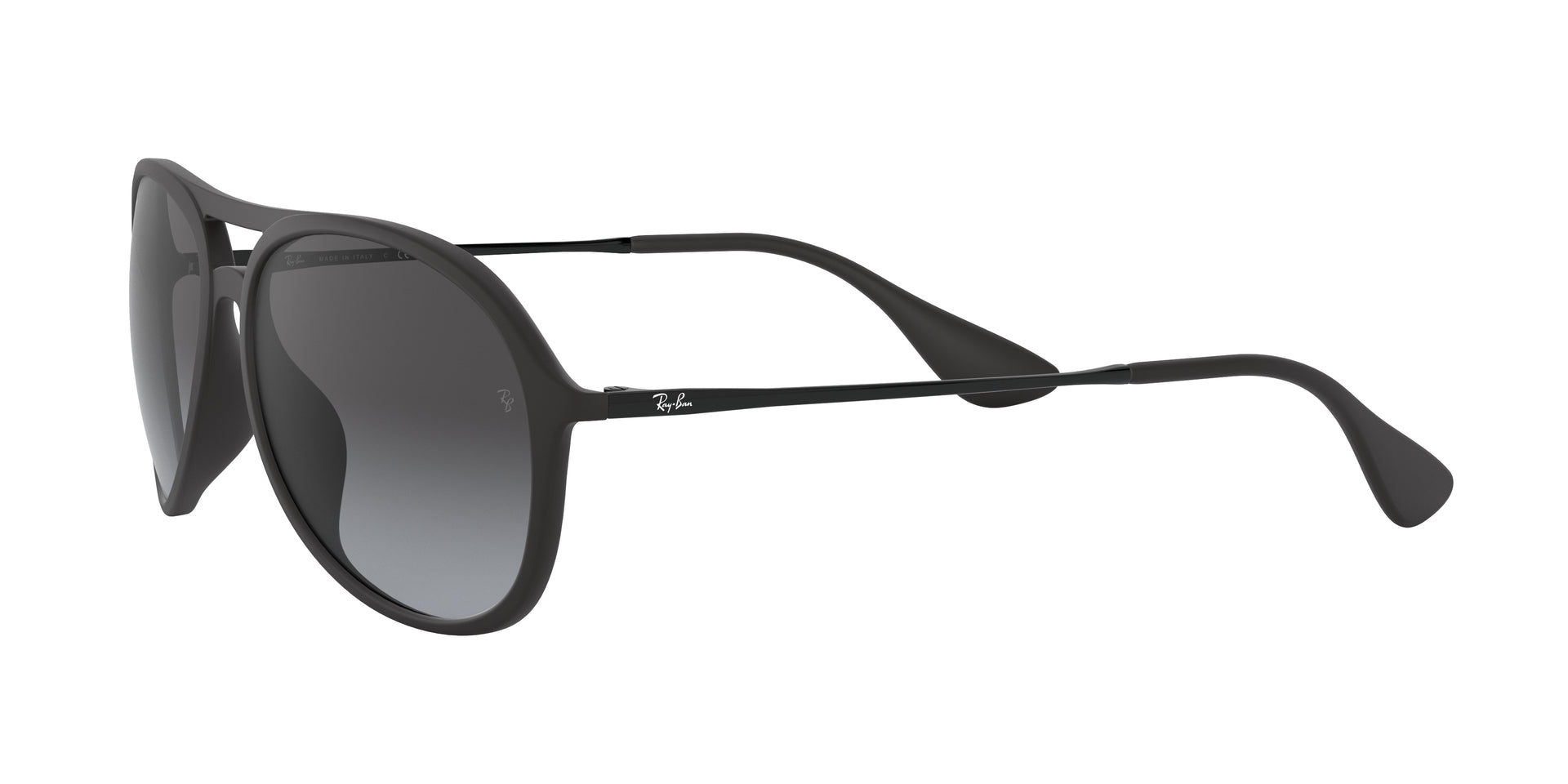 Ray-Ban Alex RB4201 622/8G aviator sunglasses for men in full rim plastic, with matte rubber black frame, and grey gradient lenses. 59mm in lens size, 15mm in bridge size, and 145mm in temple length.