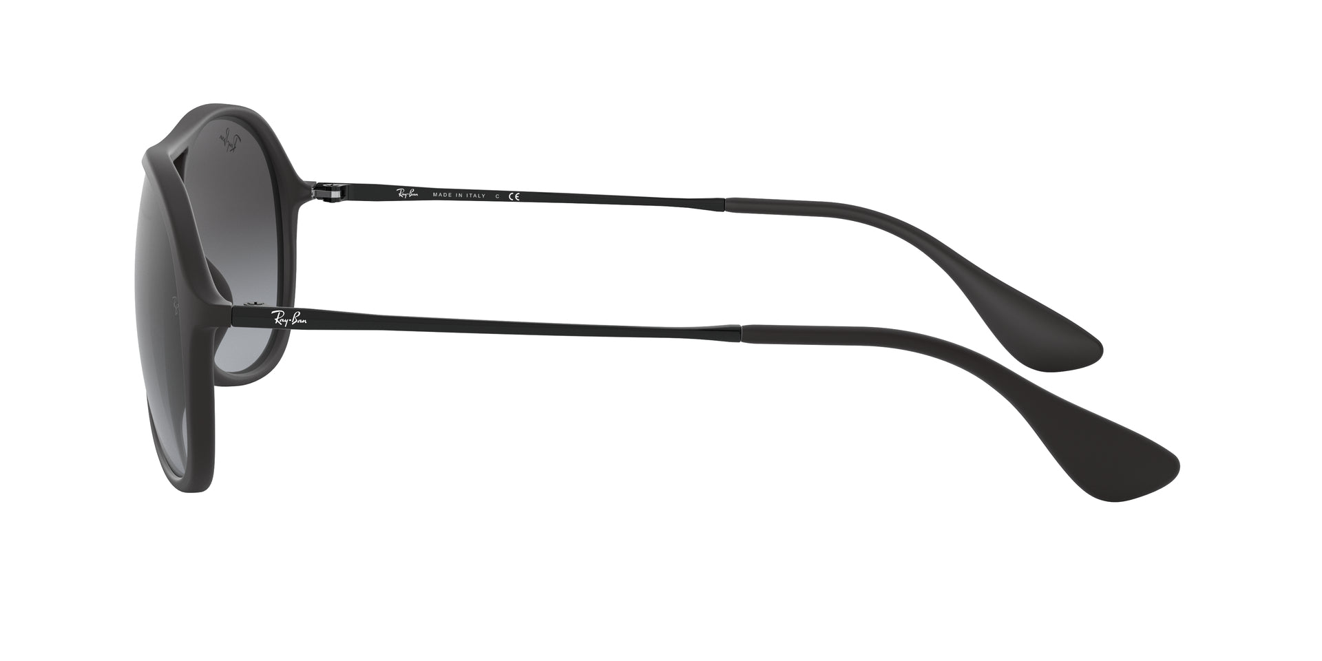 Ray-Ban Alex RB4201 622/8G aviator sunglasses for men in full rim plastic, with matte rubber black frame, and grey gradient lenses. 59mm in lens size, 15mm in bridge size, and 145mm in temple length.