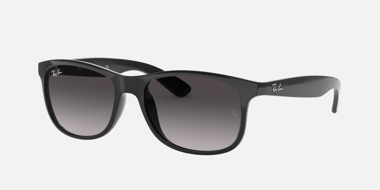 Ray-Ban Andy RB4202 601/8G square sunglasses for men in full rim plastic, with black frame, and light grey gradient dark grey lenses. 55mm in lens size, 17mm in bridge size, and 145mm in temple length.