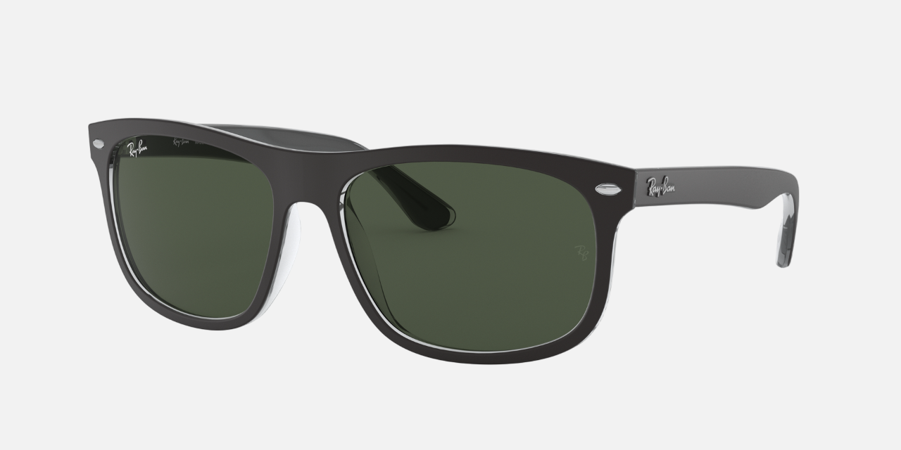 Ray-Ban RB4226 605271 square sunglasses for men in full rim plastic, with matte black on transparent frame, and green lenses. 56mm in lens size, 16mm in bridge size, and 145mm in temple length.