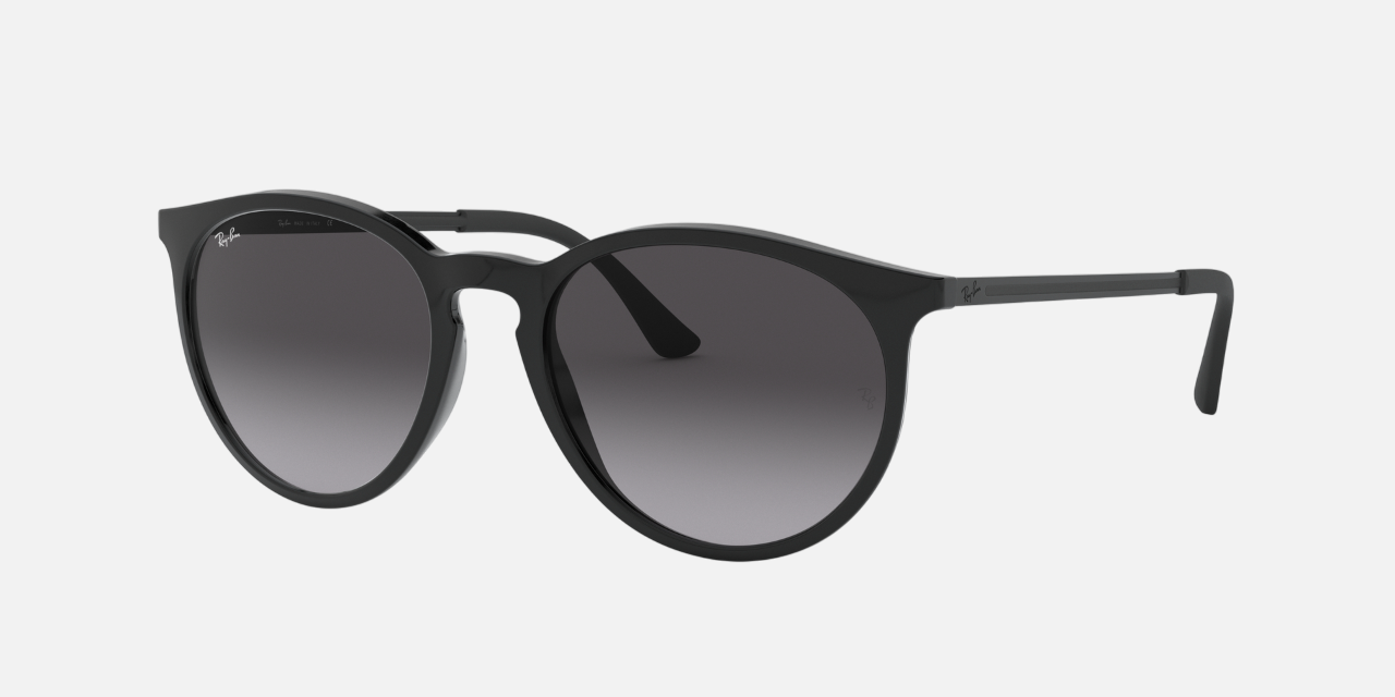 Ray-Ban RB4274 601/8G round sunglasses for unisex in full rim plastic, with matte black frame, and grey gradient lenses. 53mm in lens size, 18mm in bridge size, and 145mm in temple length.