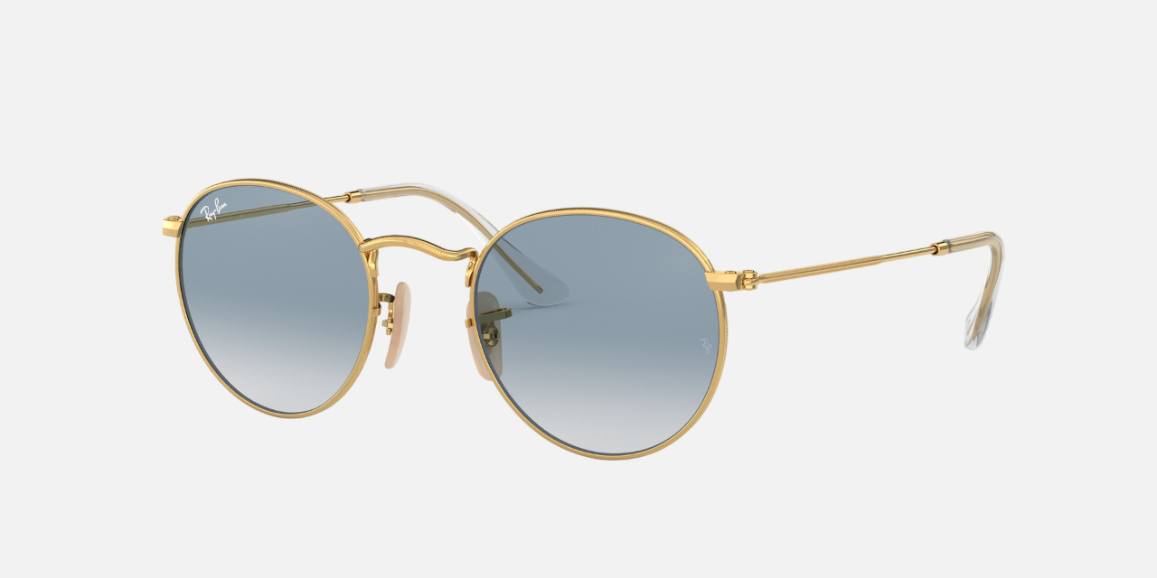 Ray-Ban Round Flat Lenses RB3447N 001/3F round sunglasses for unisex in full rim metal, with gold frame, and light blue gradient lenses. 50mm in lens size, 21mm in bridge size, and 145mm in temple length.