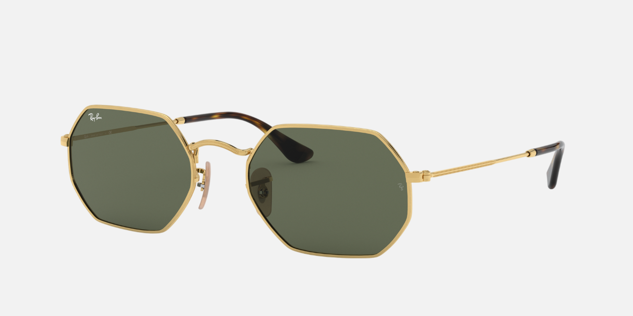 Ray-Ban Octagonal Classic RB3556N 001 octagonal sunglasses for unisex in full rim metal, with gold frame, and green lenses. 53mm in lens size, 21mm in bridge size, and 145mm in temple length.