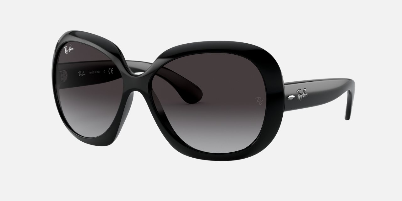 Ray-Ban Jackie Ohh II RB4098 601/8G butterfly sunglasses for women in full rim nylon, with polished black frame, and grey gradient lenses. 60mm in lens size, 14mm in bridge size, and 135mm in temple length.