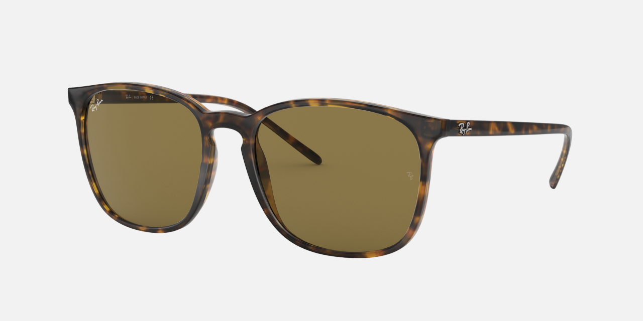 Ray-Ban RB4387 710/73 square sunglasses for unisex in full rim plastic, with light havana frame, and brown lenses. 56mm in lens size, 18mm in bridge size, and 145mm in temple length.