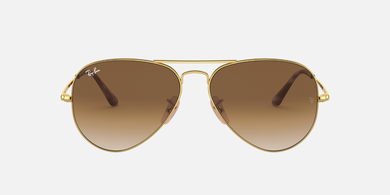 Ray-Ban Aviator Metal II RB3689 914751 aviator sunglasses for unisex in full rim metal, with gold frame, and light brown gradient lenses. 58mm in lens size, 14mm in bridge size, and 140mm in temple length.