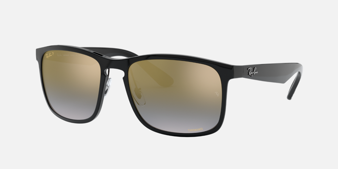 Ray-Ban RB4264 Chromance RB4264 601/J0 square sunglasses for men in full rim plastic, with black frame, and blue mirror gold gradient chromance lenses. 58mm in lens size, 18mm in bridge size, and 145mm in temple length.