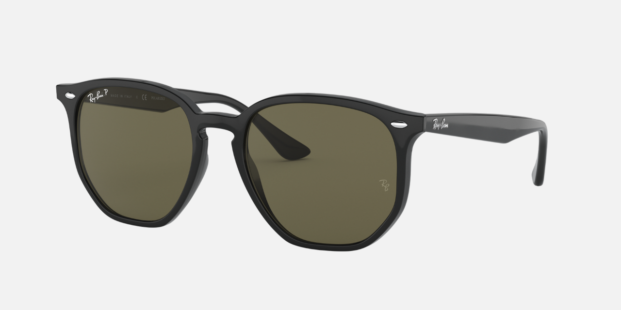 Ray-Ban RB4306 601/9A round sunglasses for unisex in full rim plastic, with black frame, and green lenses. 54mm in lens size, 19mm in bridge size, and 145mm in temple length.