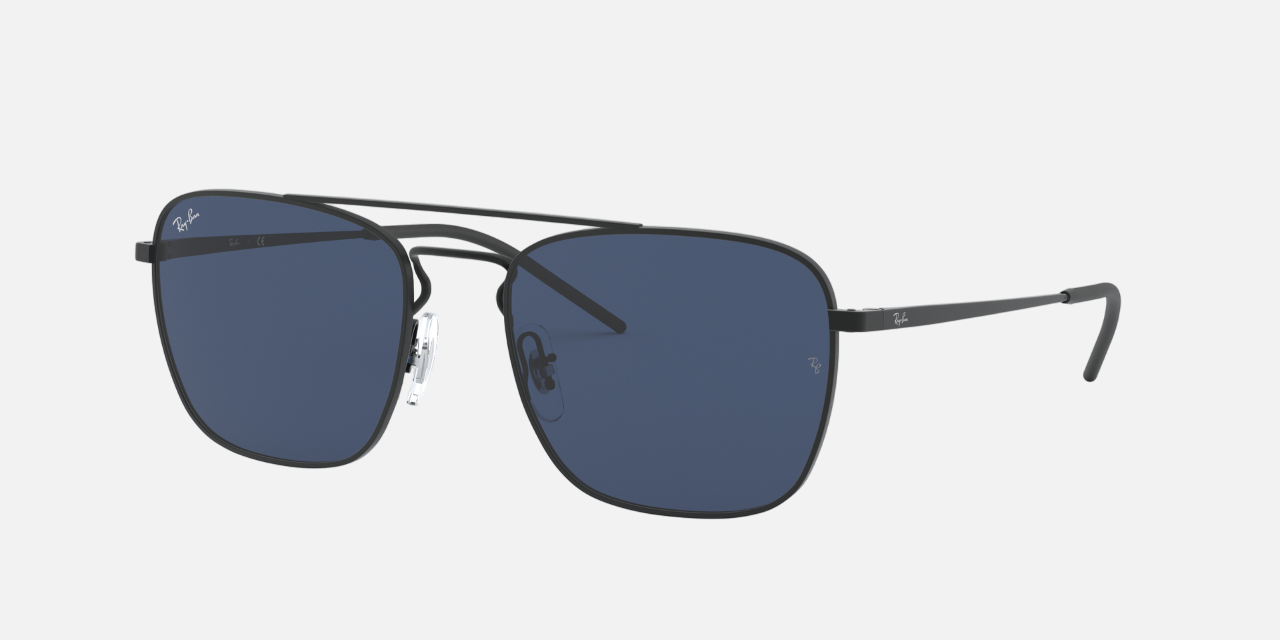 Ray-Ban RB3588 901480 square sunglasses for unisex in full rim metal, with matte rubber black frame, and dark blue lenses. 55mm in lens size, 19mm in bridge size, and 140mm in temple length.