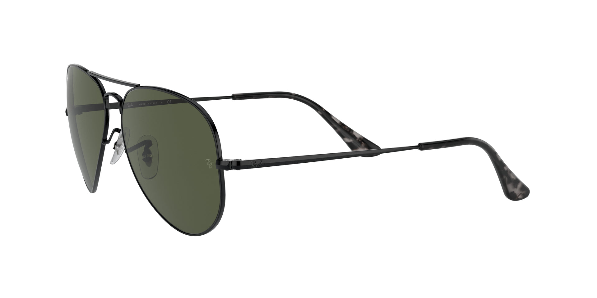 Ray-Ban Aviator Metal II RB3689 914831 aviator sunglasses for unisex in full rim metal, with black frame, and green lenses. 62mm in lens size, 14mm in bridge size, and 140mm in temple length.