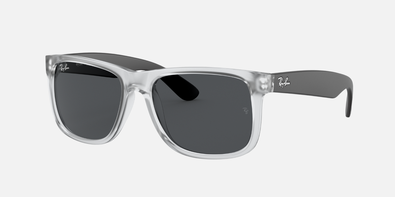 Ray-Ban Justin Color Mix RB4165 651287 square sunglasses for men in full rim plastic, with matte transparent frame, and grey lenses. 54mm in lens size, 16mm in bridge size, and 145mm in temple length.