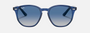 Ray-Ban Junior RJ9070S 70624L irregular sunglasses for kids in full rim injected, with polished transparent blue frame, and grey gradient blue lenses. 46mm in lens size, 16mm in bridge size, and 130mm in temple length.