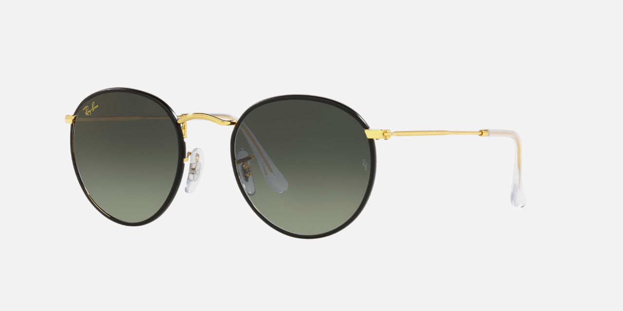 Ray-Ban Round Metal Full Color Legend RB3447JM RB3447JM 919671 round sunglasses for unisex in full rim metal, with black on gold frame, and grey gradient lenses. 50mm in lens size, 21mm in bridge size, and 145mm in temple length.