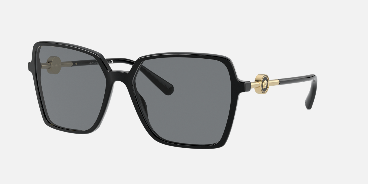 Versace VE4396 GB187 square sunglasses for women in full rim plastic, with black frame, and dark grey lenses. 58mm in lens size, 16mm in bridge size, and 140mm in temple length.