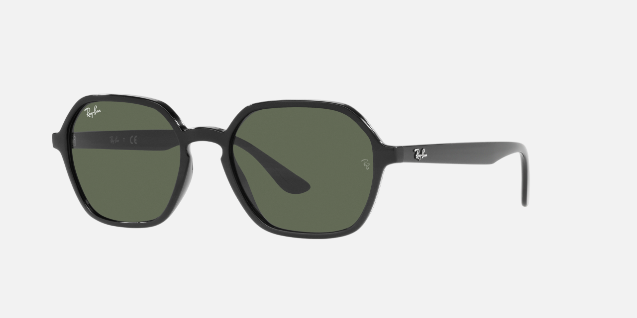 Ray-Ban RB4361 601/71 irregular sunglasses for unisex in full rim plastic, with black frame, and green lenses. 52mm in lens size, 18mm in bridge size, and 145mm in temple length.