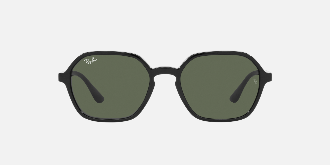 Ray-Ban RB4361 601/71 irregular sunglasses for unisex in full rim plastic, with black frame, and green lenses. 52mm in lens size, 18mm in bridge size, and 145mm in temple length.
