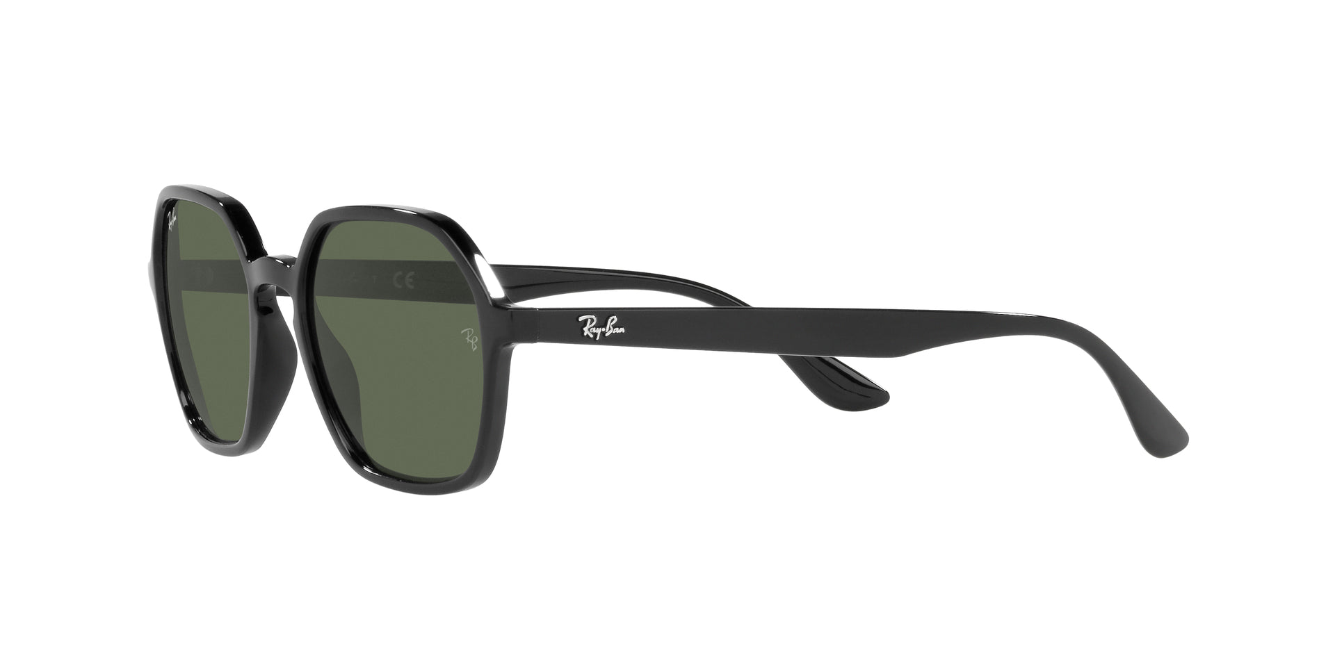 Ray-Ban RB4361 601/71 irregular sunglasses for unisex in full rim plastic, with black frame, and green lenses. 52mm in lens size, 18mm in bridge size, and 145mm in temple length.